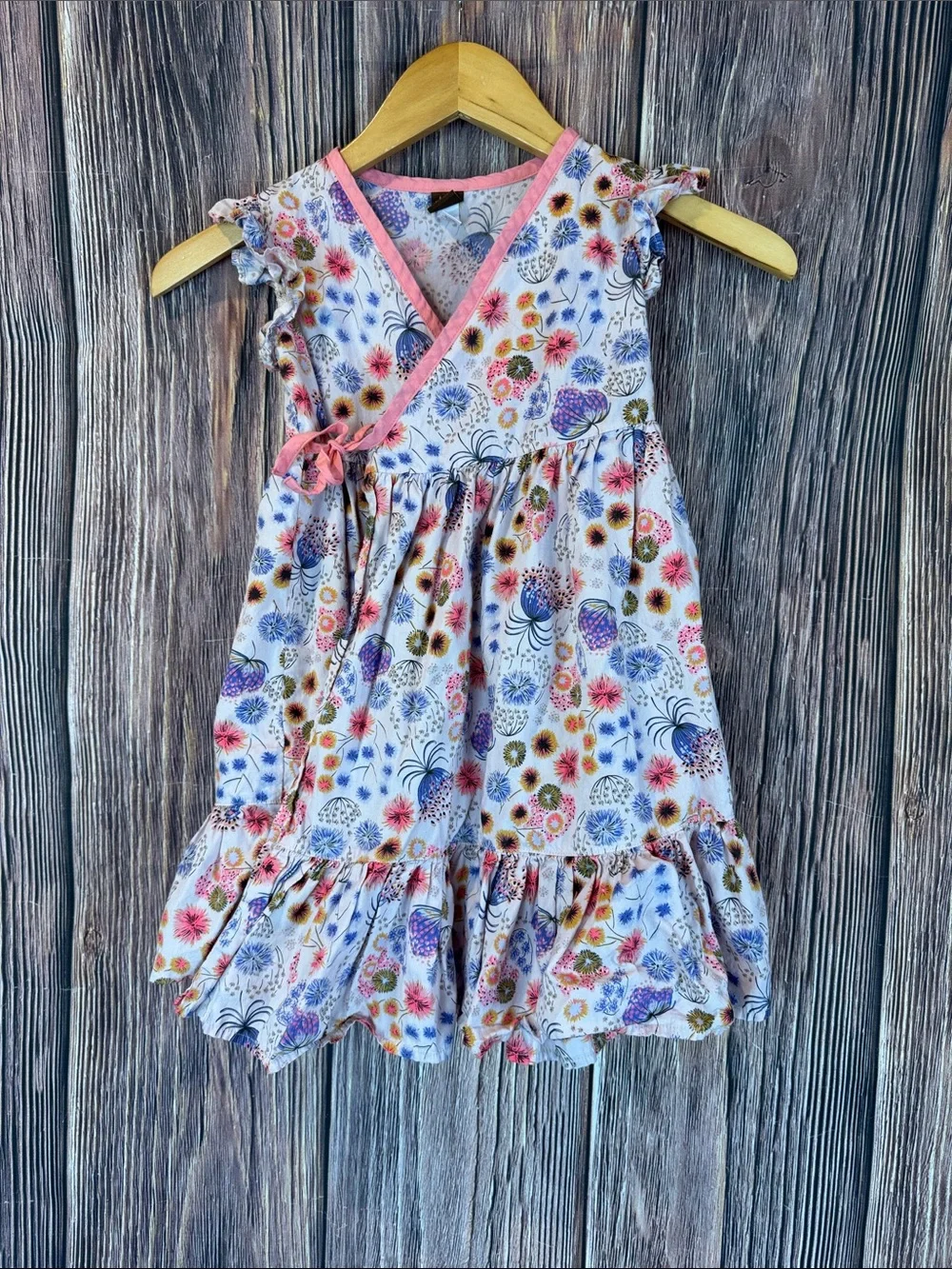 Tea Collection White Floral Wrap Dress with Pink Trim and Multicolor Blooms